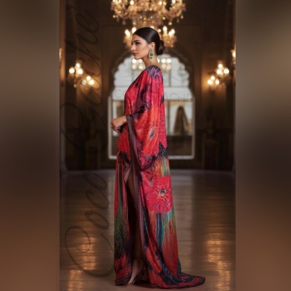 Elegant Floral Print Kaftan Oversized Maxi Kimono Tunic Poncho Coverup - Picture 4 of 14